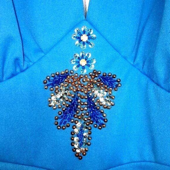Vintage Beaded Halter Dress Full Length Turquoise Blue Circa early 1970's - Picture 3 of 10